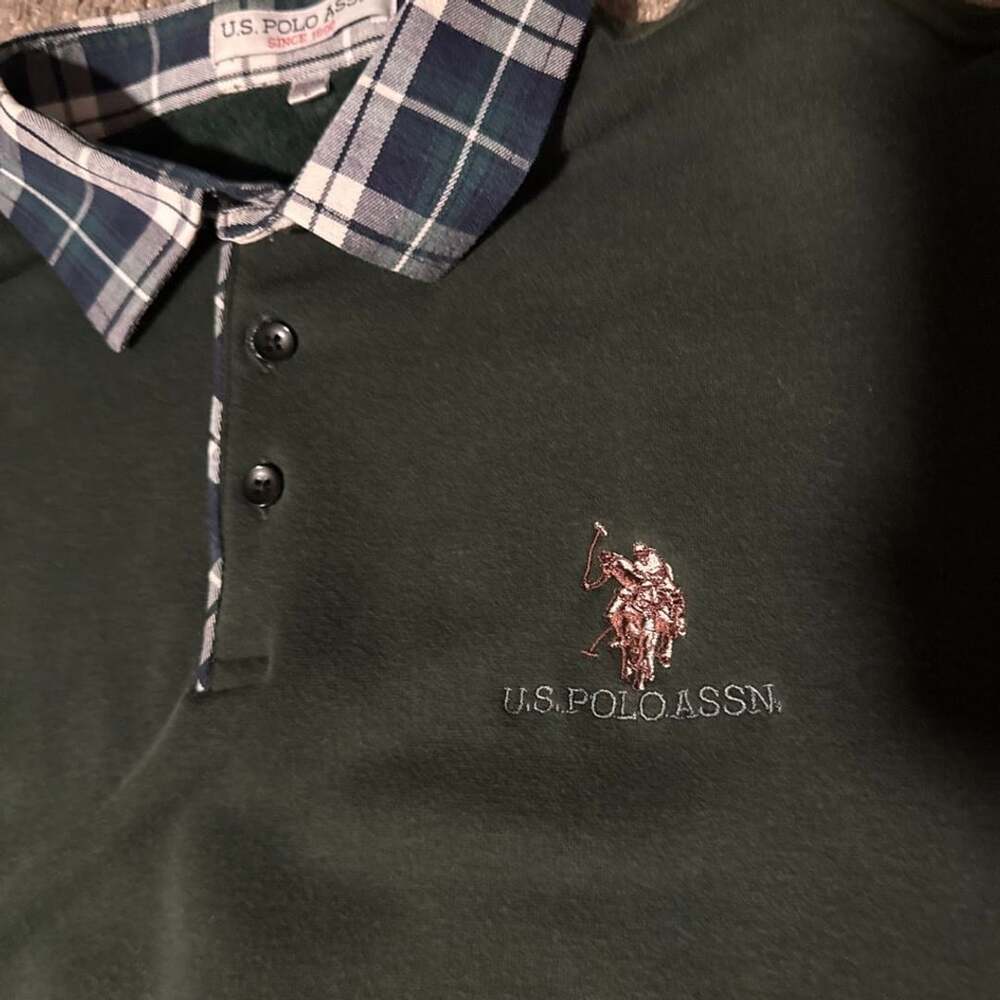 U.S. Polo Assn. Long Sleeve Polo Shirt Size L Green Plaid Collar